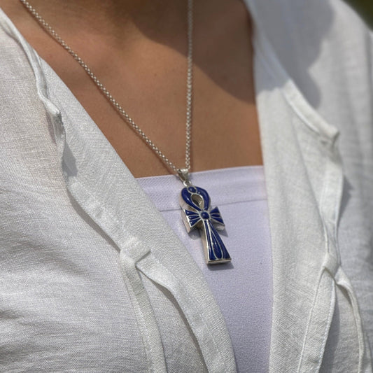 Eternal Duality – Reversible Ankh Necklace in Lapis & Turquoise - AJURE SILVER